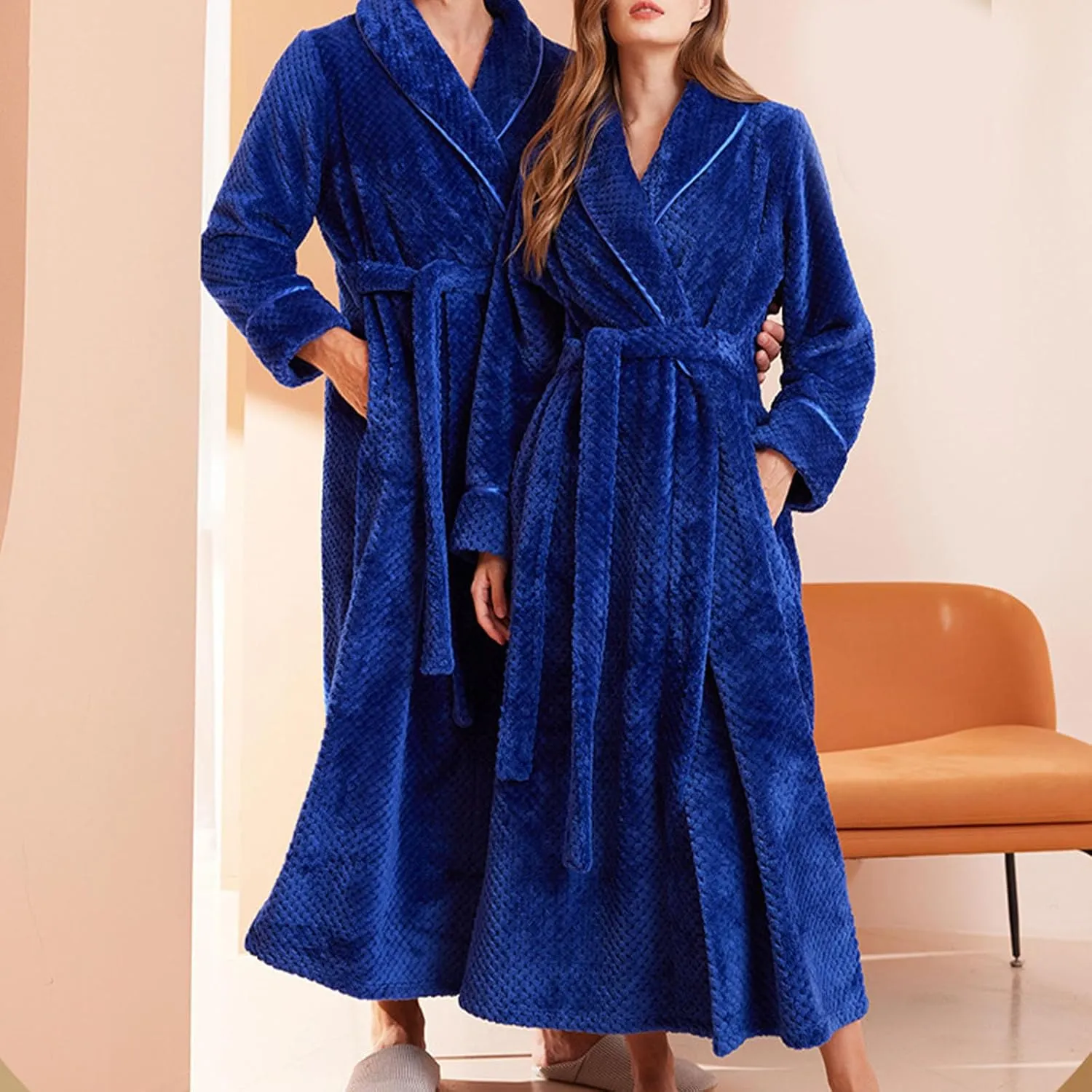 Fuzzy Robes for Women Winter Warm Thick Plush Long Sleeve Bathrobes Solid Casual Long Loungewear with Side Pockets