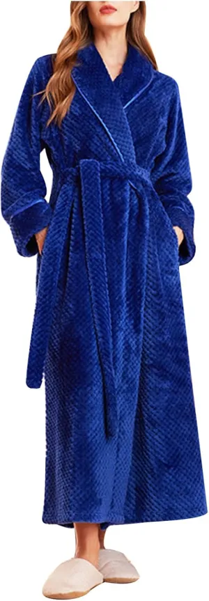 Fuzzy Robes for Women Winter Warm Thick Plush Long Sleeve Bathrobes Solid Casual Long Loungewear with Side Pockets