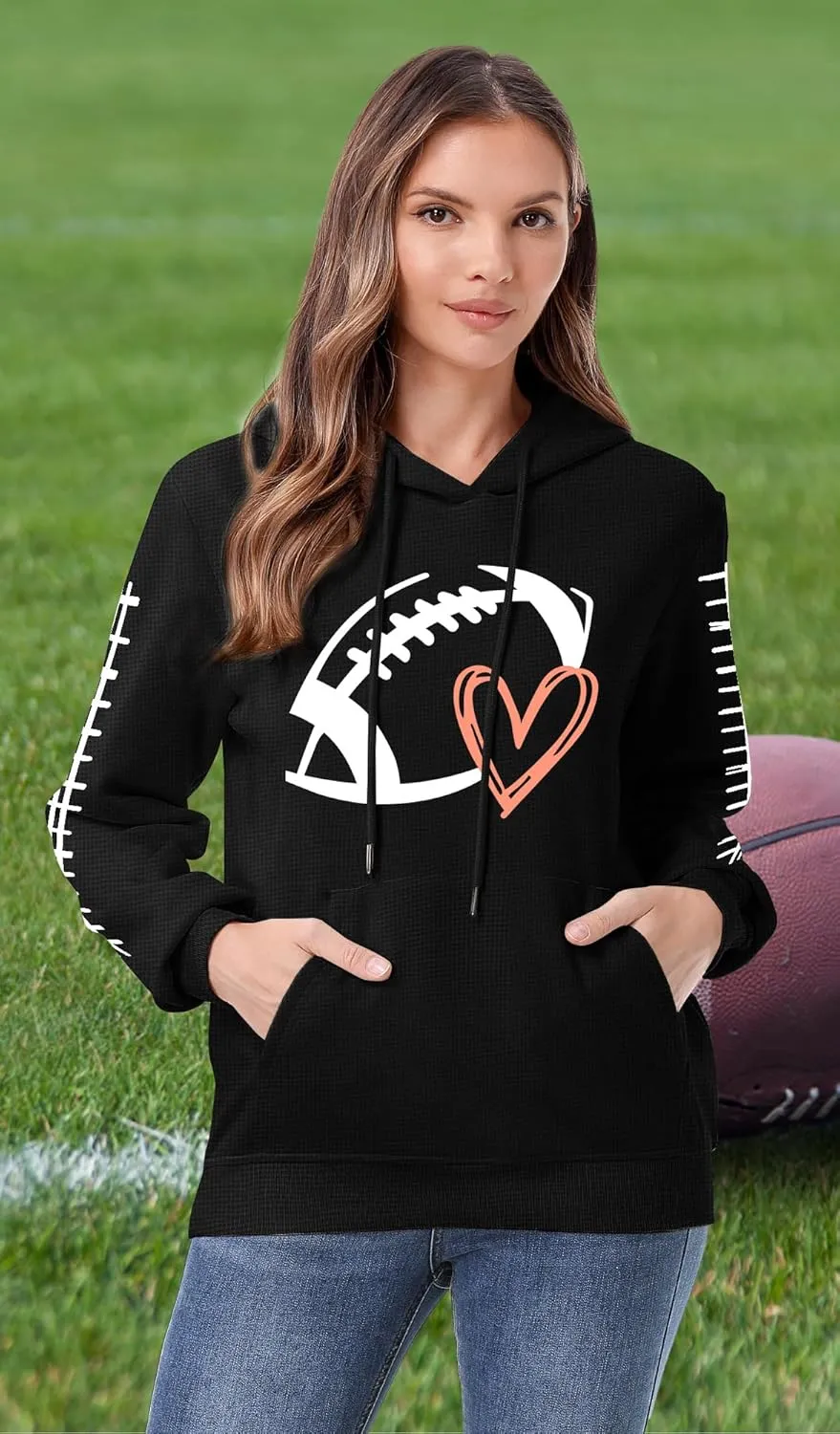 Game Day Hooded Sweatshirt Women Funny Football Graphic Shirt Waffle Knit Game Day Pullover Long Sleeve Tops