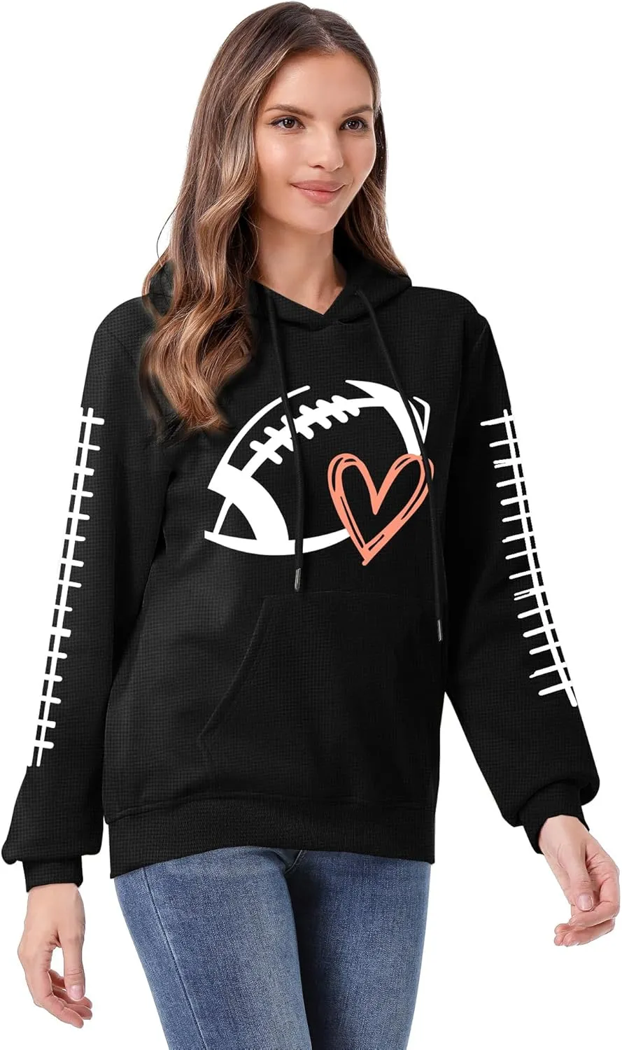 Game Day Hooded Sweatshirt Women Funny Football Graphic Shirt Waffle Knit Game Day Pullover Long Sleeve Tops