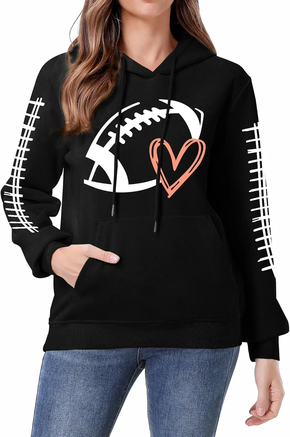 Game Day Hooded Sweatshirt Women Funny Football Graphic Shirt Waffle Knit Game Day Pullover Long Sleeve Tops