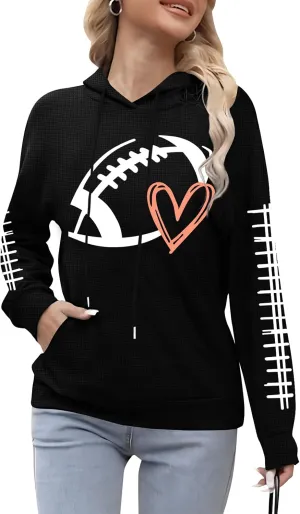 Game Day Hooded Sweatshirt Women Funny Football Graphic Shirt Waffle Knit Game Day Pullover Long Sleeve Tops