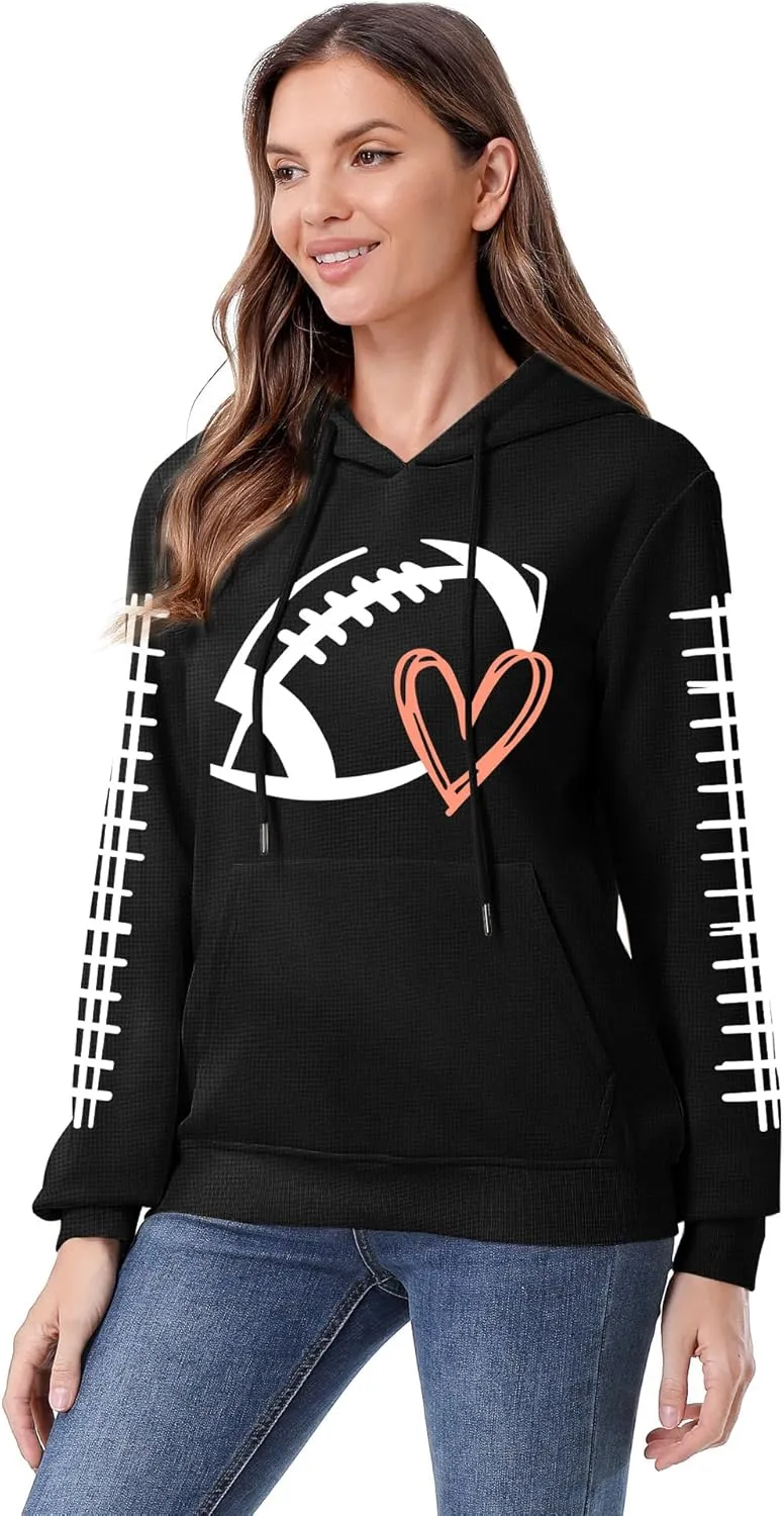 Game Day Hooded Sweatshirt Women Funny Football Graphic Shirt Waffle Knit Game Day Pullover Long Sleeve Tops