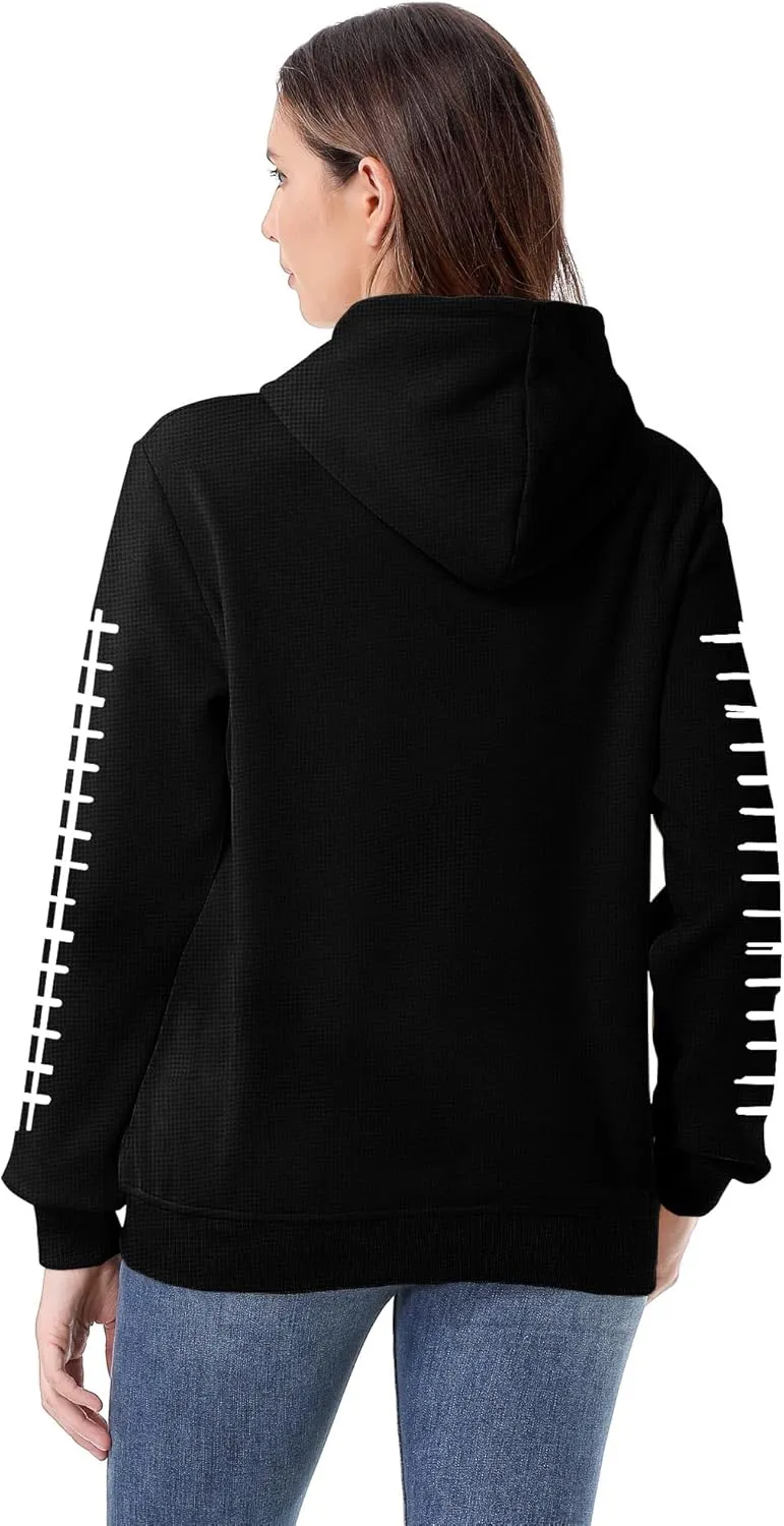Game Day Hooded Sweatshirt Women Funny Football Graphic Shirt Waffle Knit Game Day Pullover Long Sleeve Tops