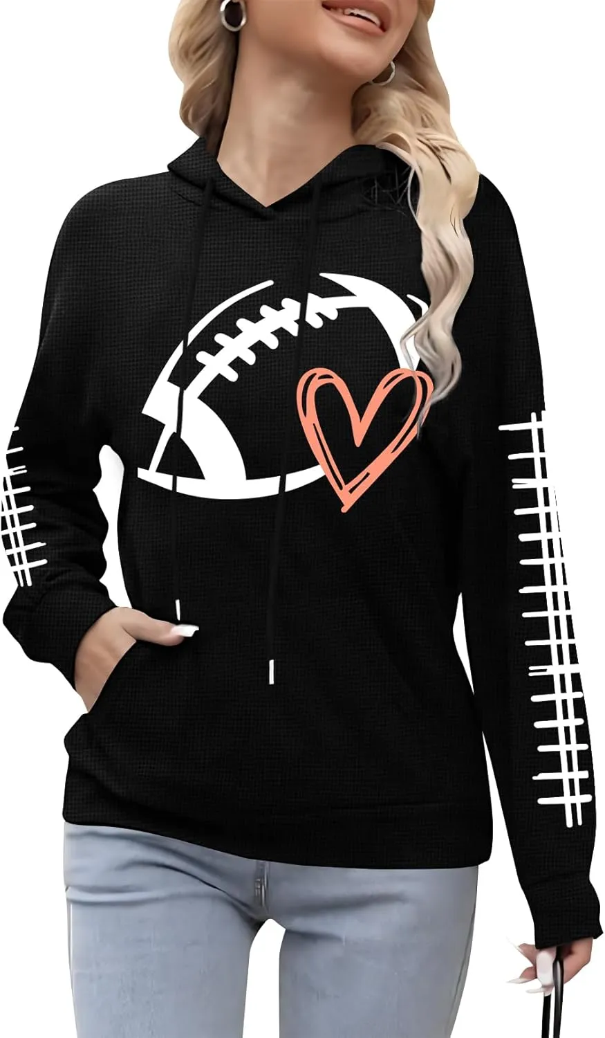 Game Day Hooded Sweatshirt Women Funny Football Graphic Shirt Waffle Knit Game Day Pullover Long Sleeve Tops