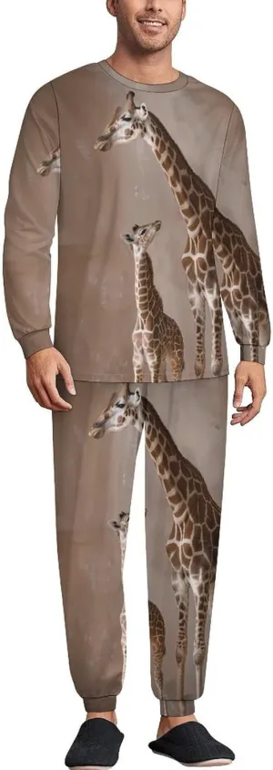 Giraffe Mother Men's Pajama Set Casual Sleepwear Pjs Set Crewneck Shirts And Bottoms Comfy Loungewear