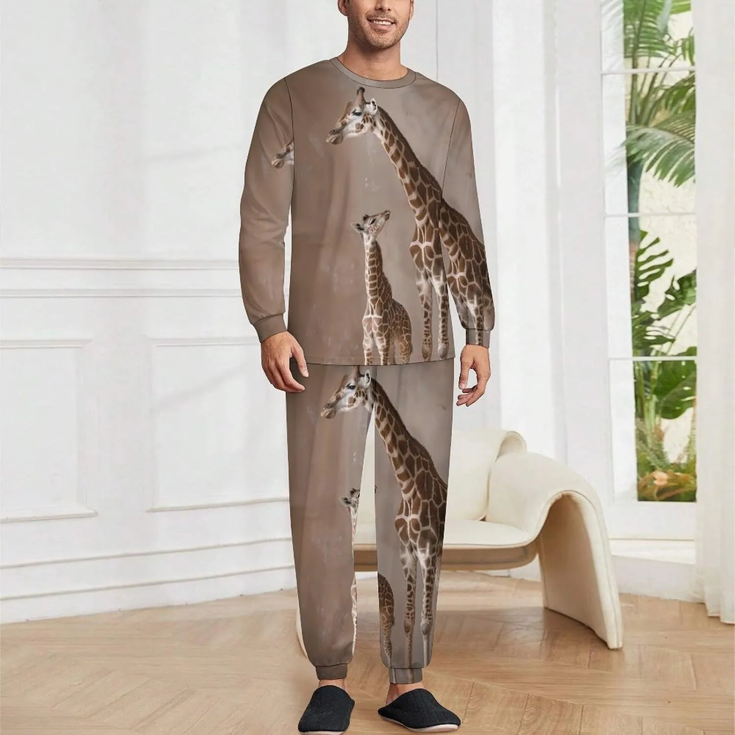 Giraffe Mother Men's Pajama Set Casual Sleepwear Pjs Set Crewneck Shirts And Bottoms Comfy Loungewear