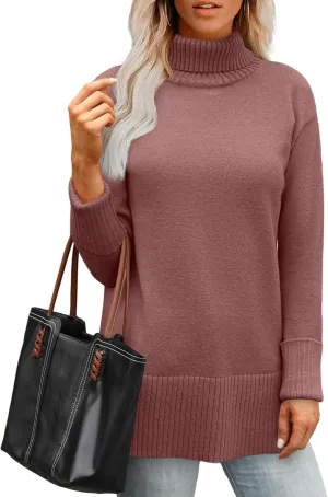 Glanzition Sweaters for Women Turtleneck Side Split Oversized Pullover Tops