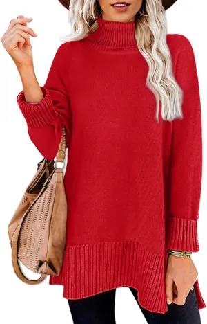 Glanzition Sweaters for Women Turtleneck Side Split Oversized Pullover Tops