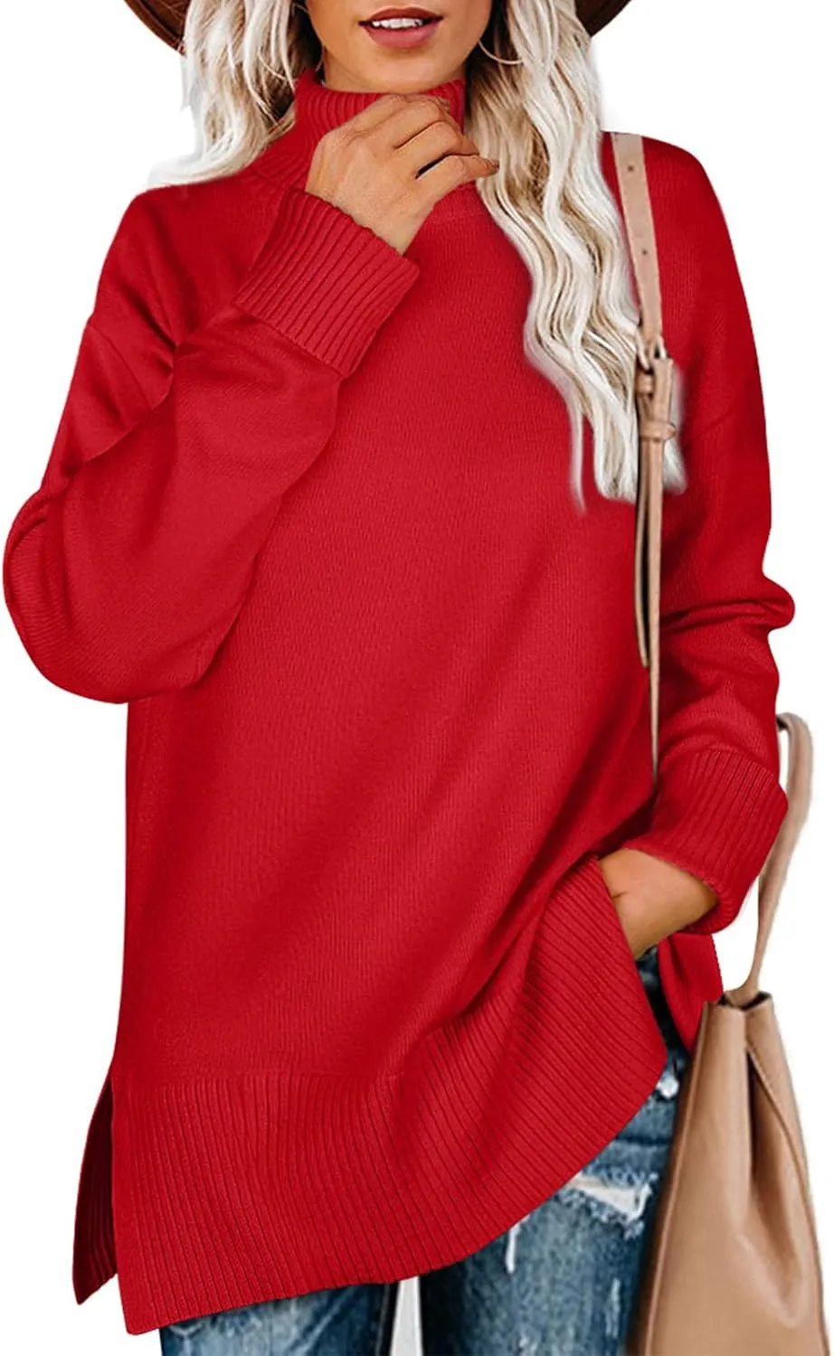 Glanzition Sweaters for Women Turtleneck Side Split Oversized Pullover Tops