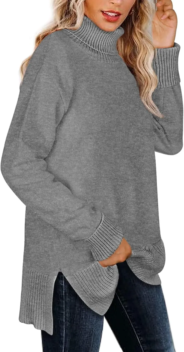Glanzition Sweaters for Women Turtleneck Side Split Oversized Pullover Tops