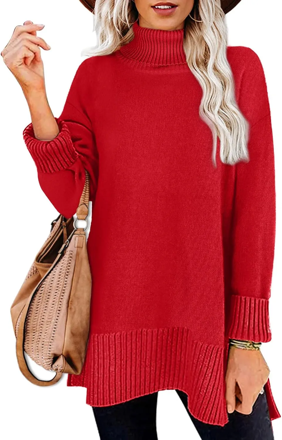 Glanzition Sweaters for Women Turtleneck Side Split Oversized Pullover Tops