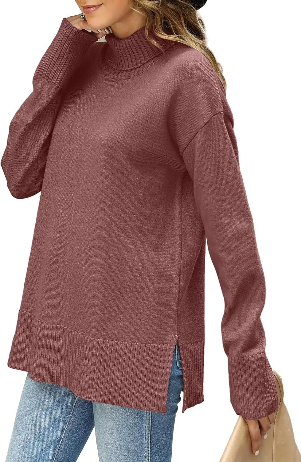 Glanzition Sweaters for Women Turtleneck Side Split Oversized Pullover Tops