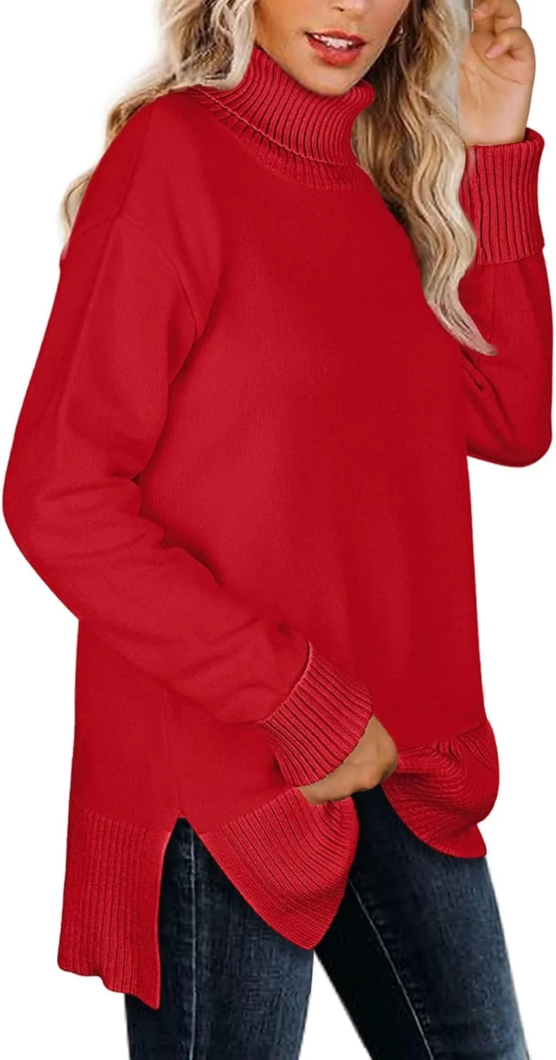 Glanzition Sweaters for Women Turtleneck Side Split Oversized Pullover Tops