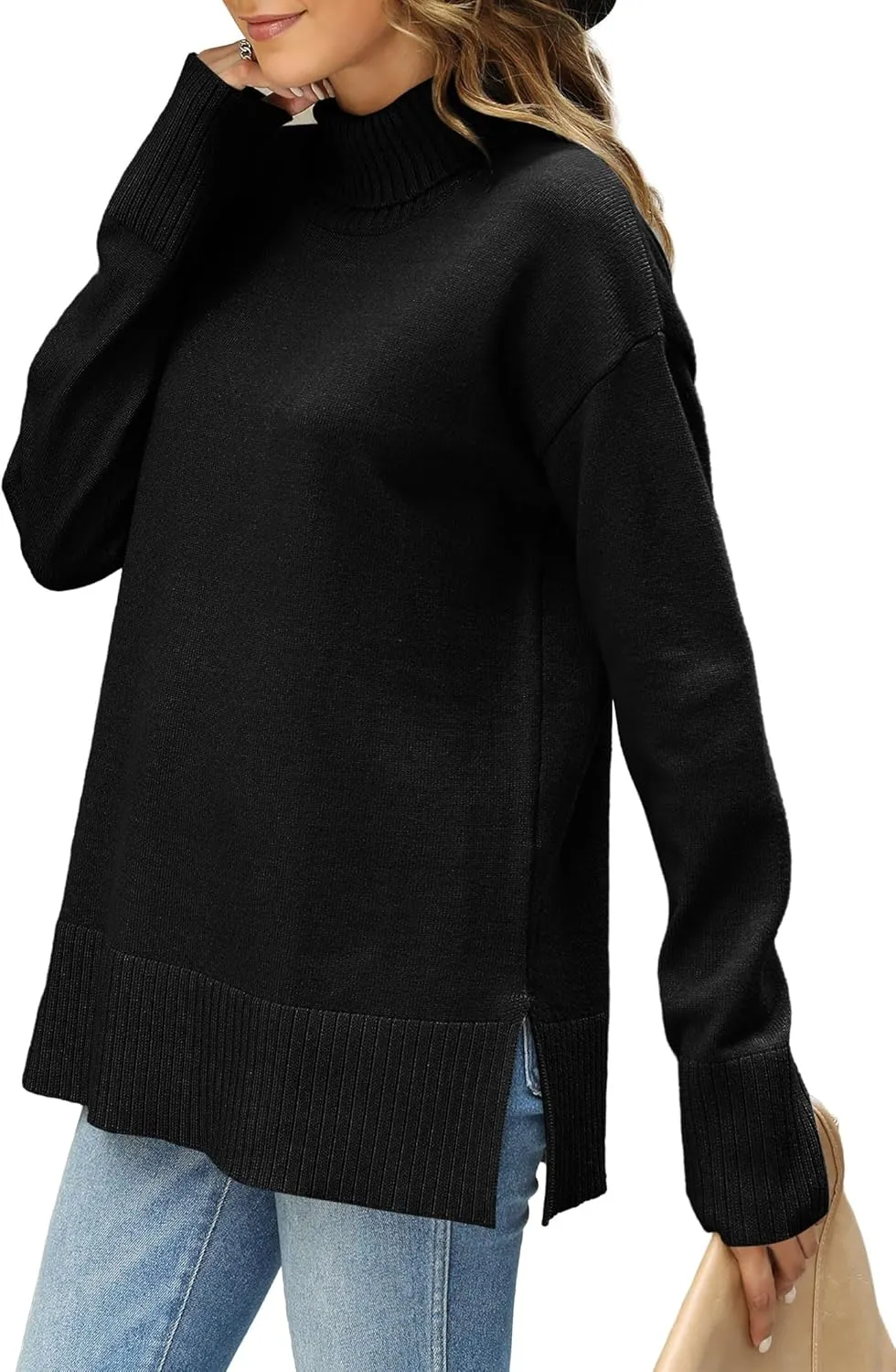 Glanzition Sweaters for Women Turtleneck Side Split Oversized Pullover Tops