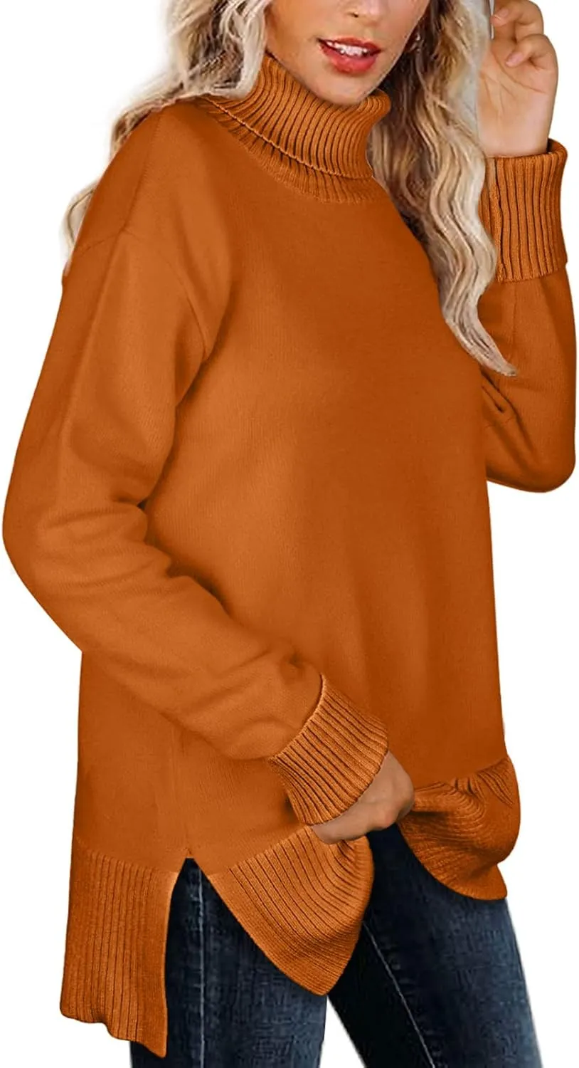 Glanzition Sweaters for Women Turtleneck Side Split Oversized Pullover Tops