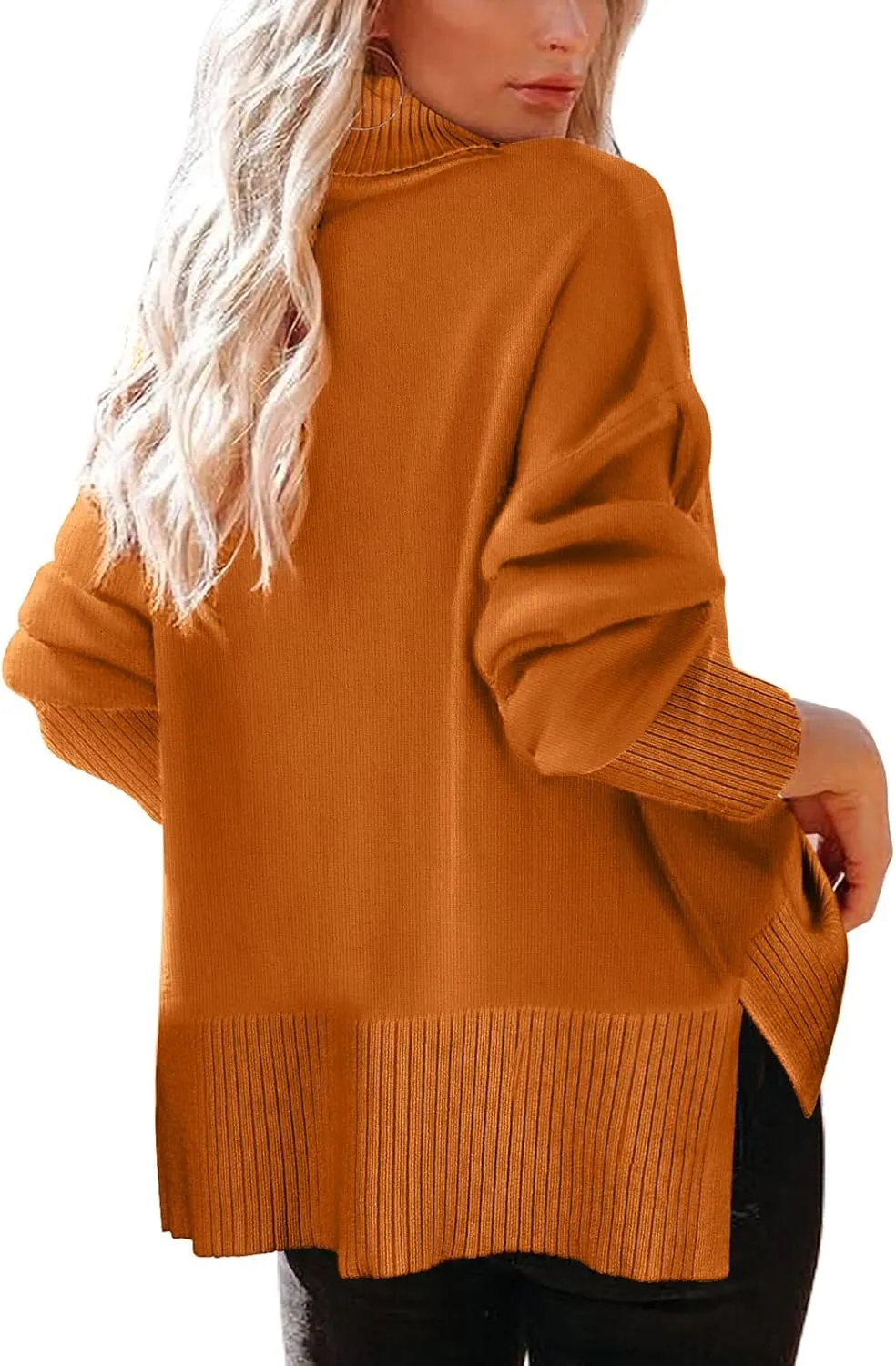 Glanzition Sweaters for Women Turtleneck Side Split Oversized Pullover Tops