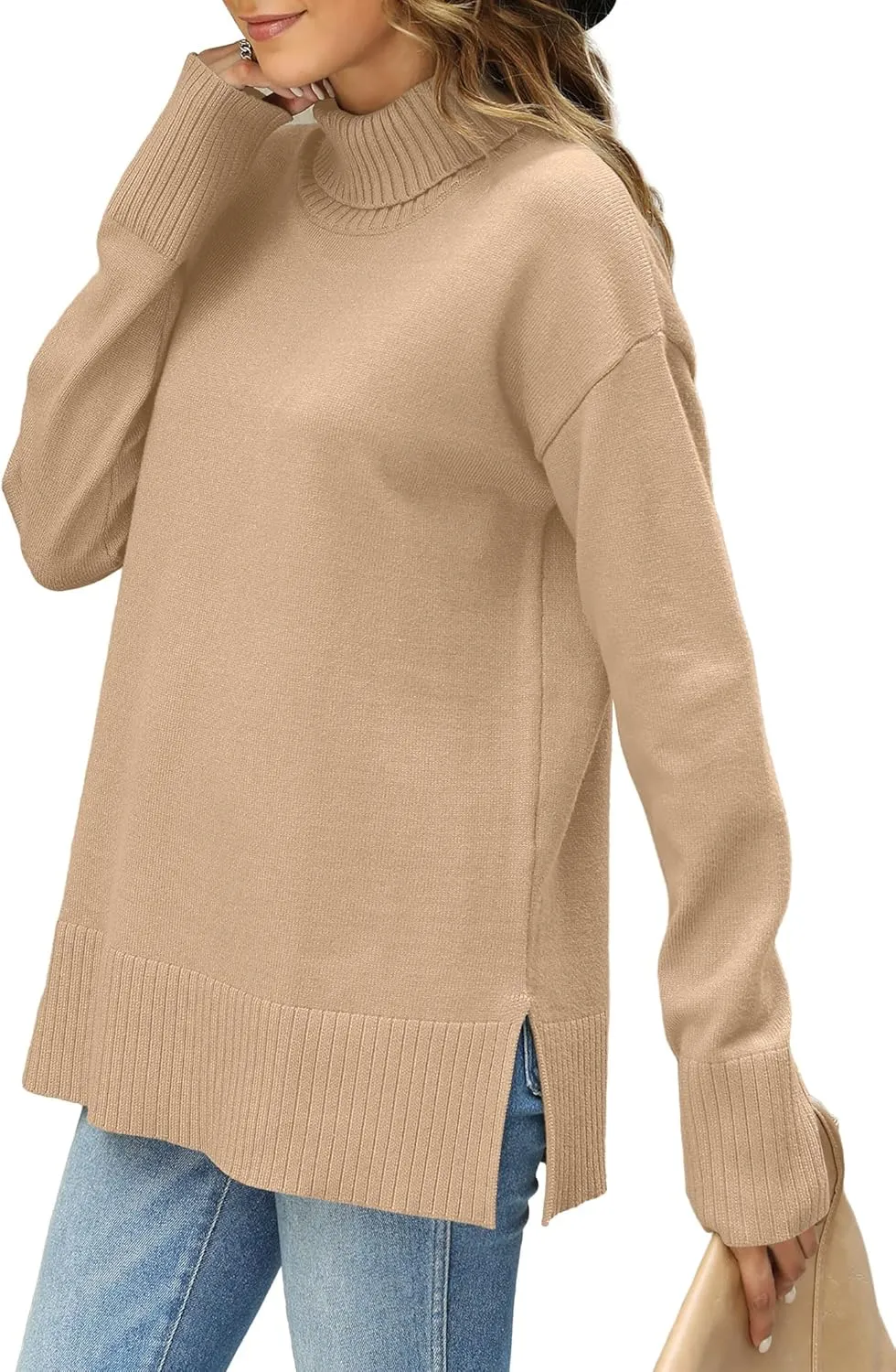 Glanzition Sweaters for Women Turtleneck Side Split Oversized Pullover Tops