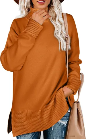 Glanzition Sweaters for Women Turtleneck Side Split Oversized Pullover Tops
