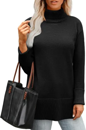 Glanzition Sweaters for Women Turtleneck Side Split Oversized Pullover Tops