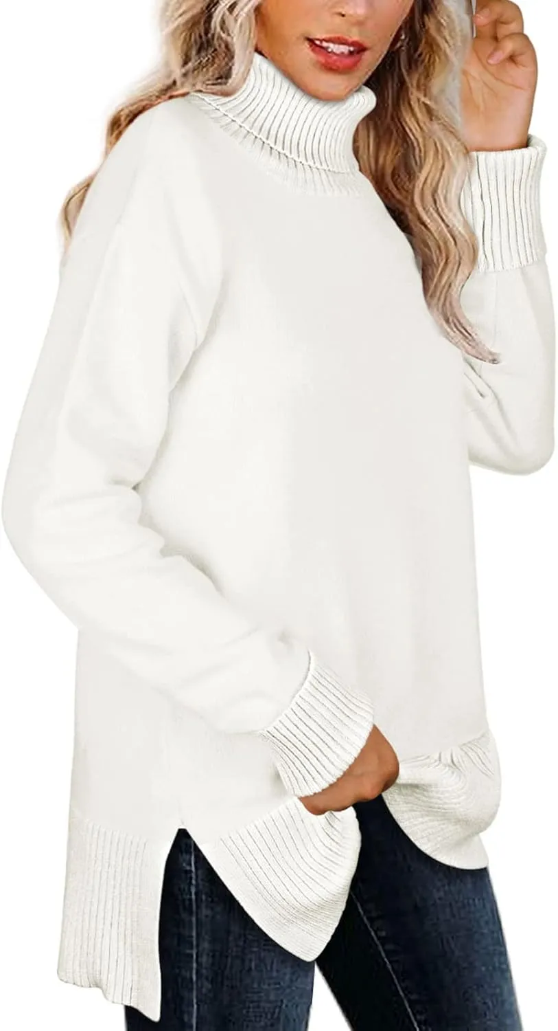 Glanzition Sweaters for Women Turtleneck Side Split Oversized Pullover Tops