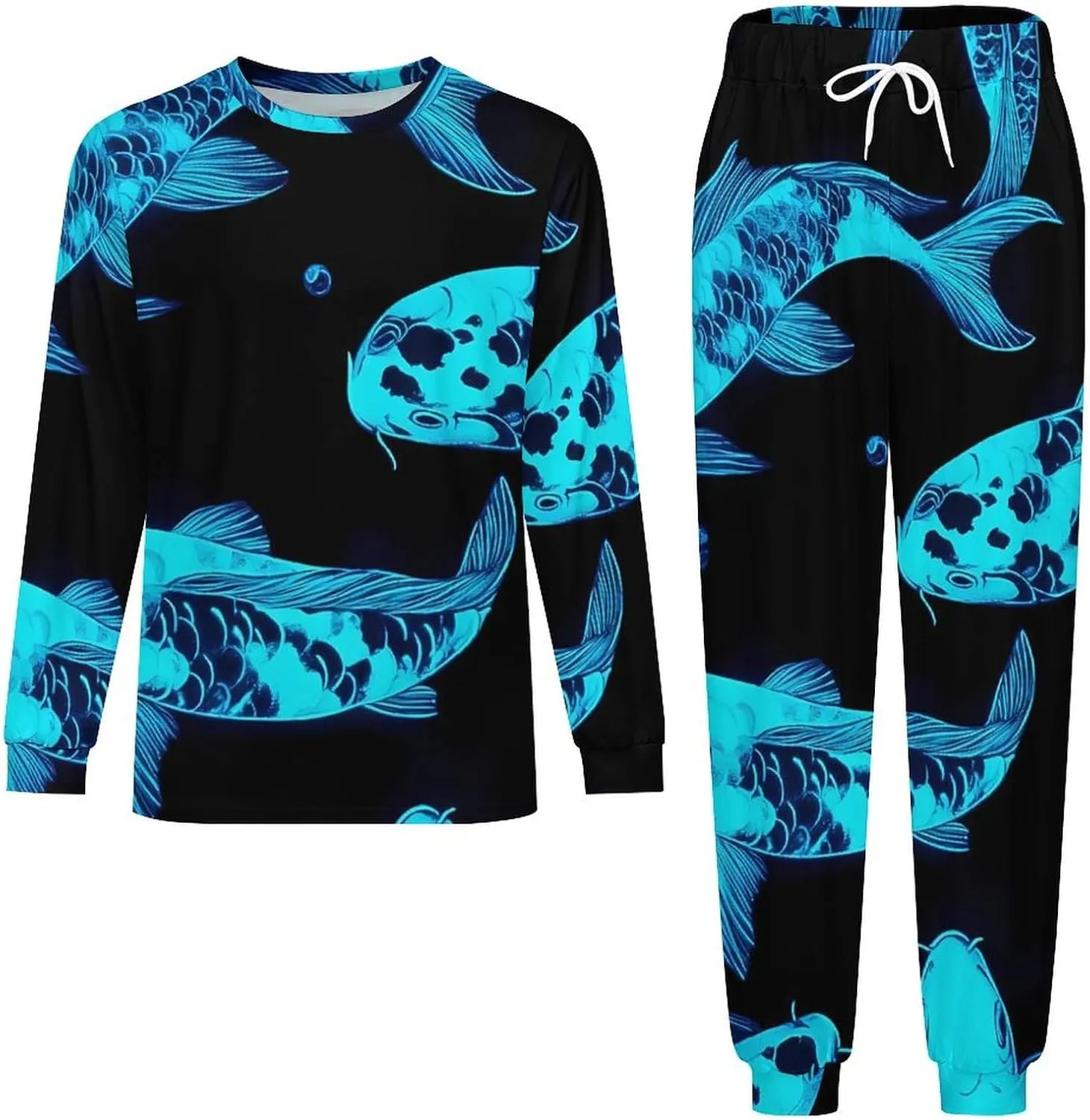 Glow in The Dark Fish Soft Mens Pajamas Set Round Neck Pullover Long Sleeve And Pants Loungewear 2 Piece Pjs Set