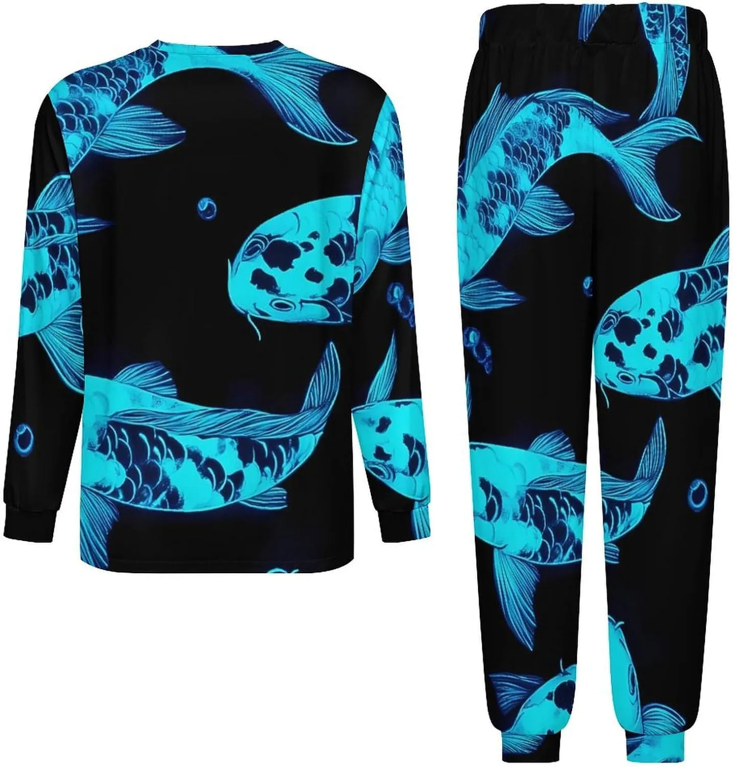 Glow in The Dark Fish Soft Mens Pajamas Set Round Neck Pullover Long Sleeve And Pants Loungewear 2 Piece Pjs Set