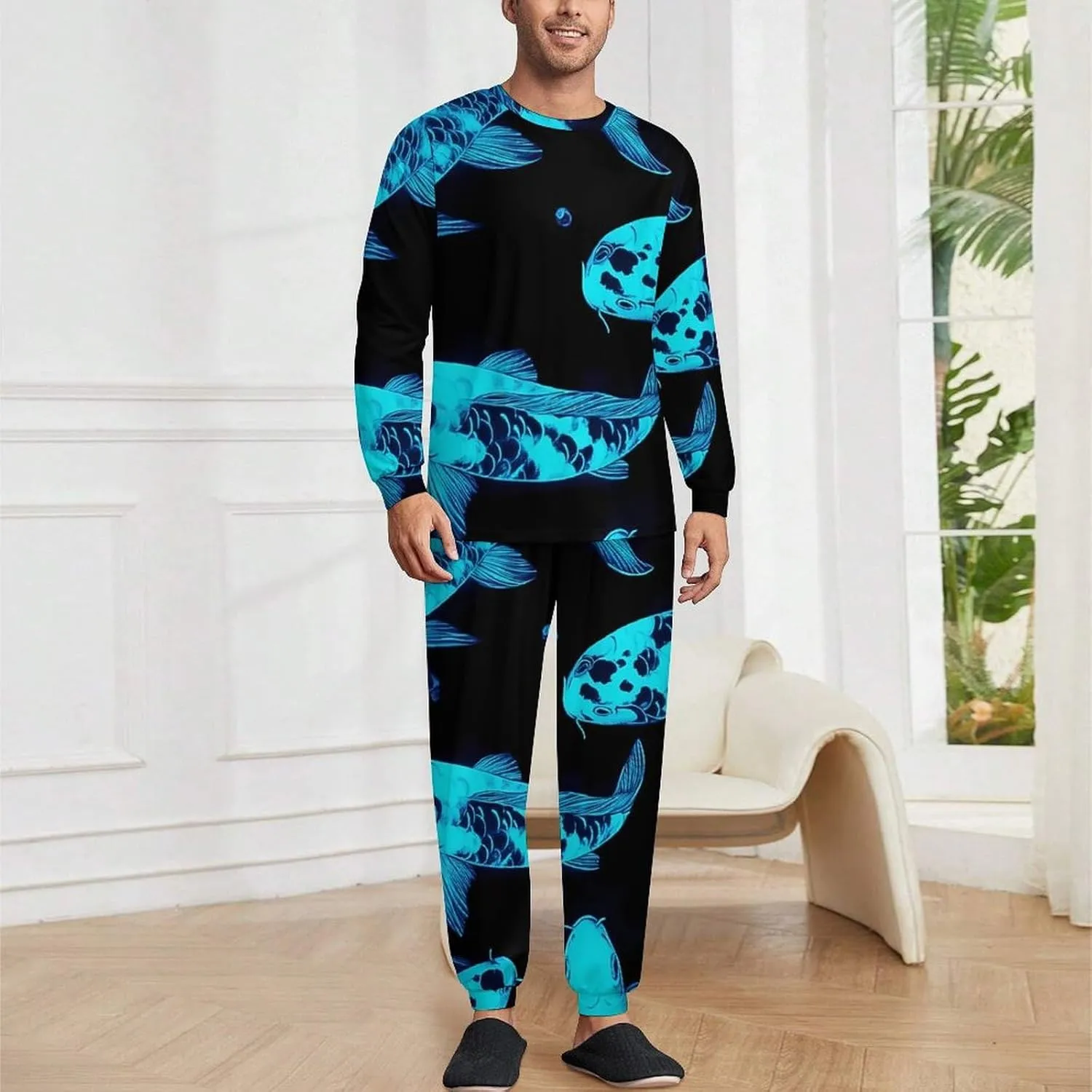 Glow in The Dark Fish Soft Mens Pajamas Set Round Neck Pullover Long Sleeve And Pants Loungewear 2 Piece Pjs Set