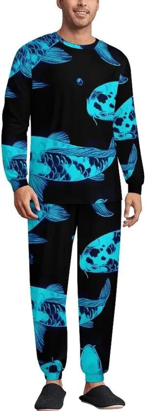 Glow in The Dark Fish Soft Mens Pajamas Set Round Neck Pullover Long Sleeve And Pants Loungewear 2 Piece Pjs Set