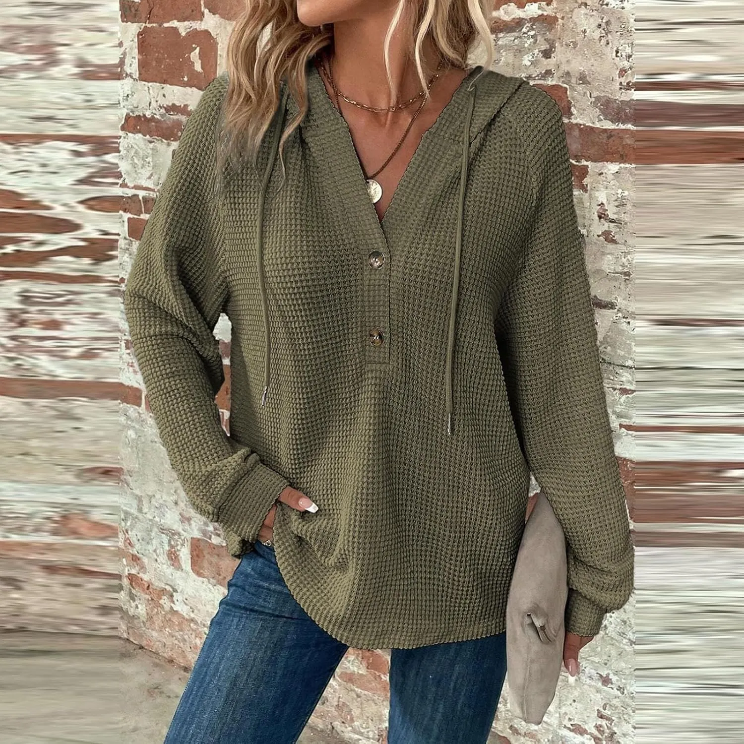 GOFULY Hoodies For Women Trendy Button Henley V-Neck Sweatshirt Waffle Drawstring Hoodie Fall Solid Long Sleeve Pullover