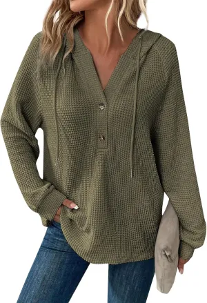 GOFULY Hoodies For Women Trendy Button Henley V-Neck Sweatshirt Waffle Drawstring Hoodie Fall Solid Long Sleeve Pullover