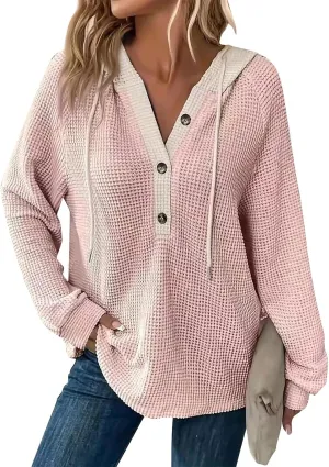GOFULY Hoodies For Women Trendy Button Henley V-Neck Sweatshirt Waffle Drawstring Hoodie Fall Solid Long Sleeve Pullover