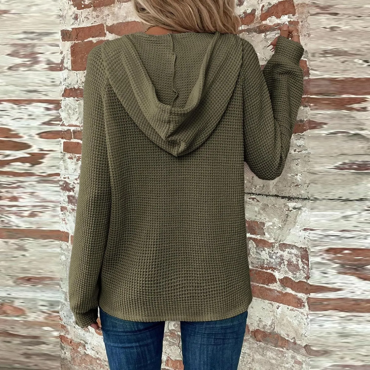 GOFULY Hoodies For Women Trendy Button Henley V-Neck Sweatshirt Waffle Drawstring Hoodie Fall Solid Long Sleeve Pullover