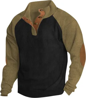 GOFULY Quilted Sweatshirts For Men Corduroy Henley Button Jacket Lightweight Lapel Collar Pullover Long Sleeve Baggy Sweater