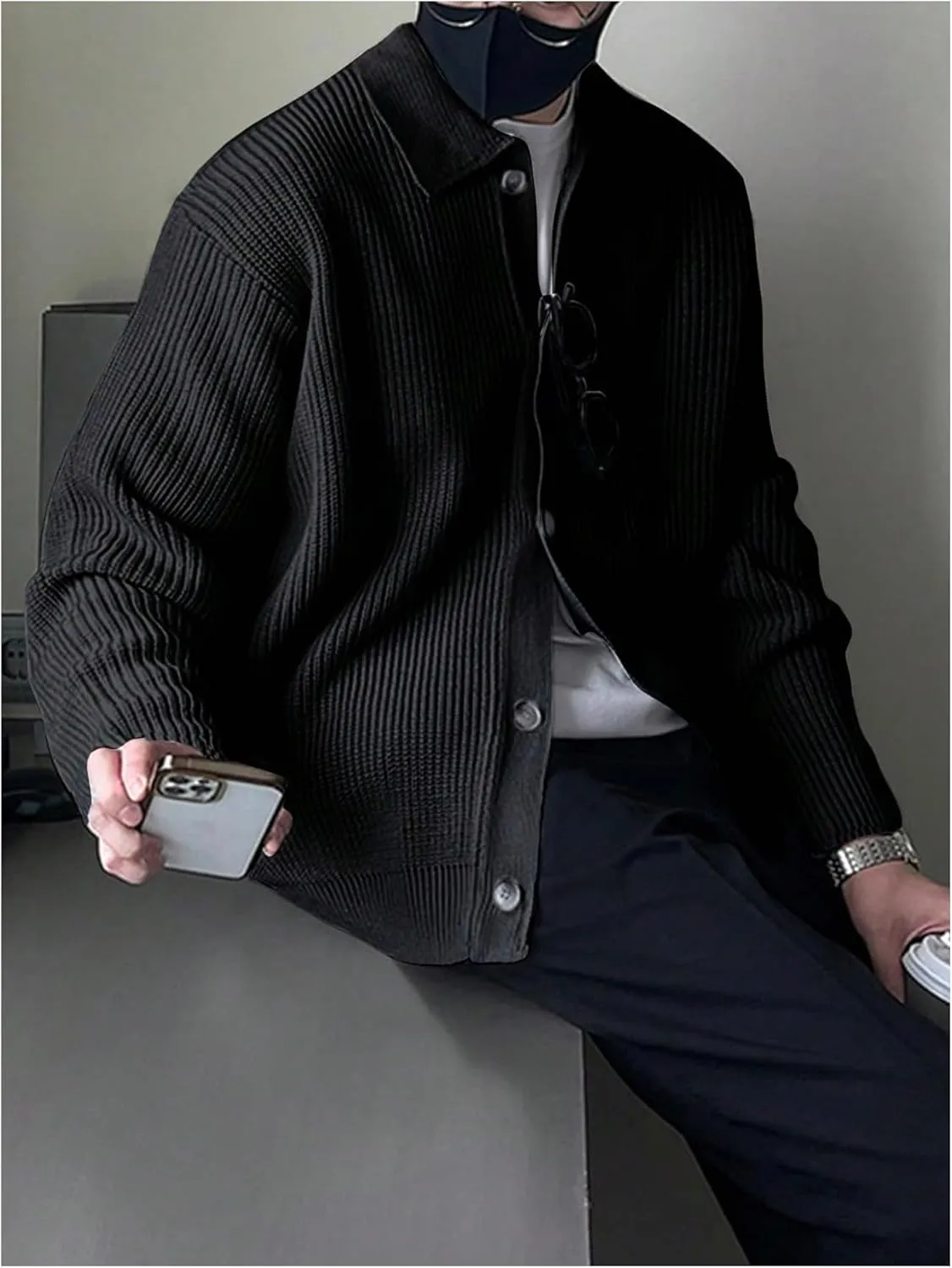 GORGLITTER Men's Cardigan Sweater Knit Collar Neck Button up Sweaters