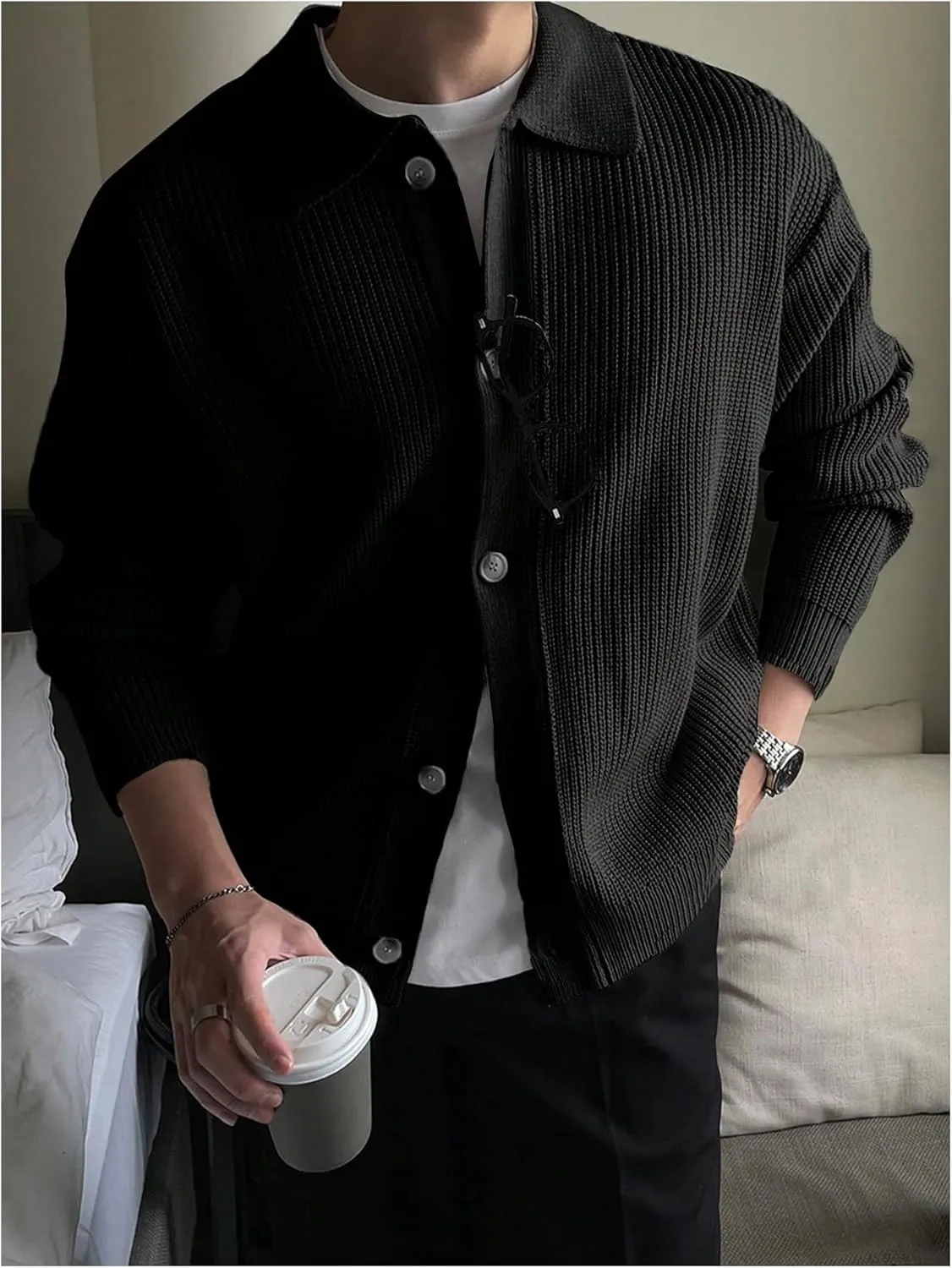 GORGLITTER Men's Cardigan Sweater Knit Collar Neck Button up Sweaters