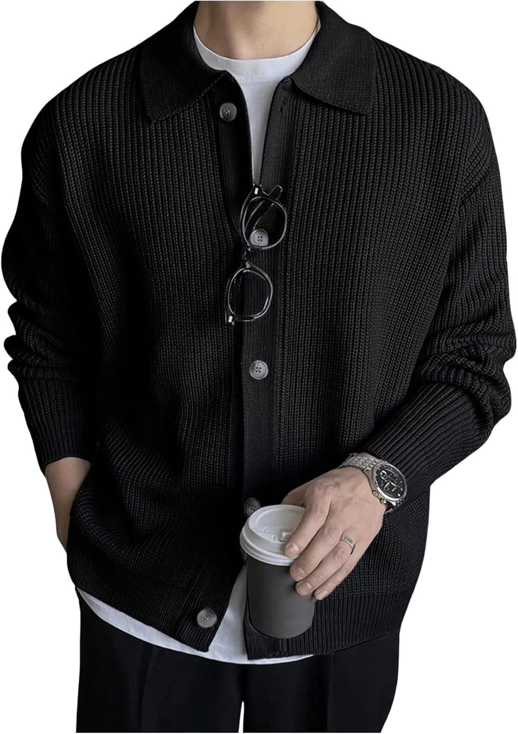GORGLITTER Men's Cardigan Sweater Knit Collar Neck Button up Sweaters