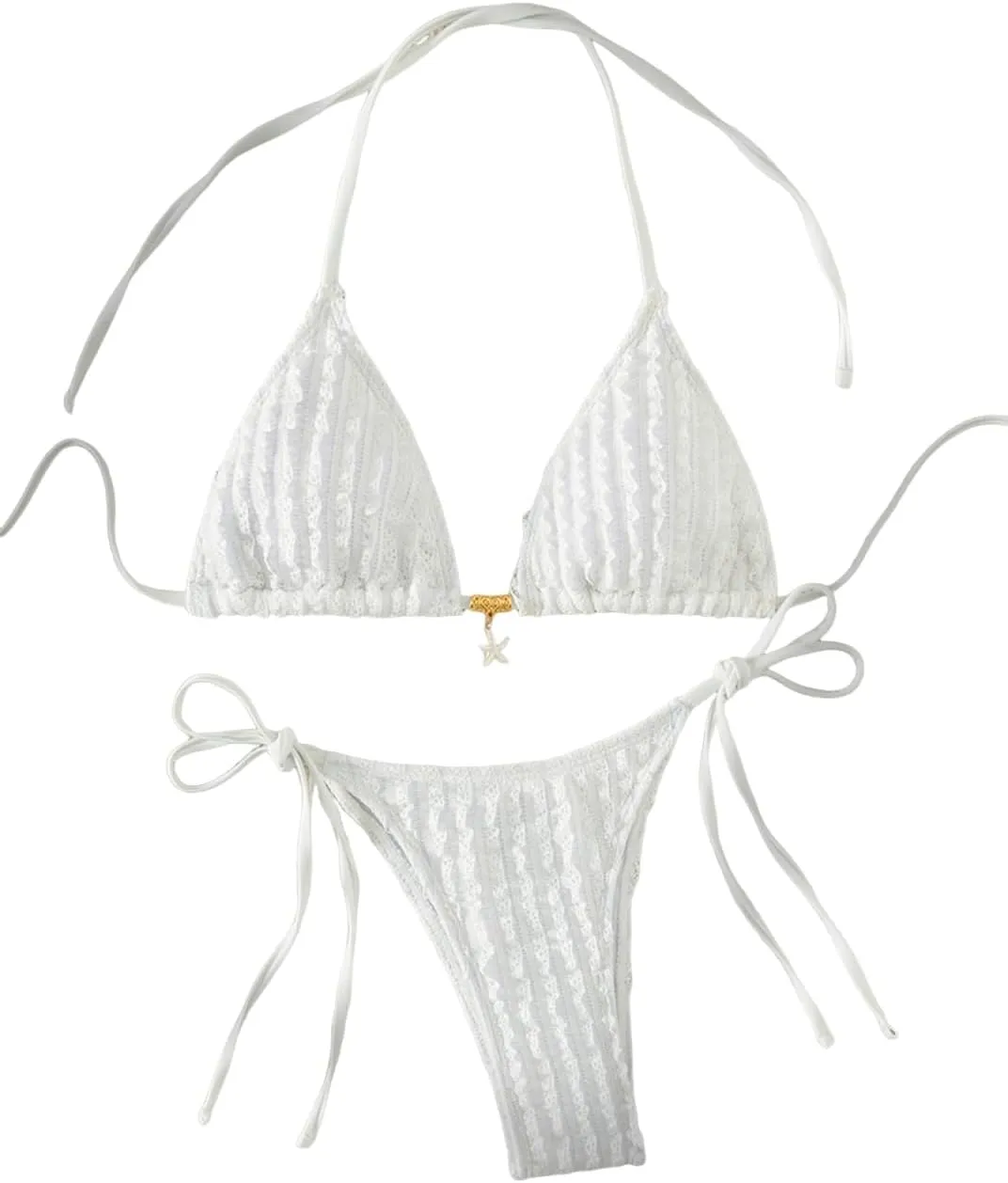 GORGLITTER Women's High Cut Thong Bikini Set Textured Halter Triangle String Cute Cheeky 2025 Swimsuit Bathing Suit