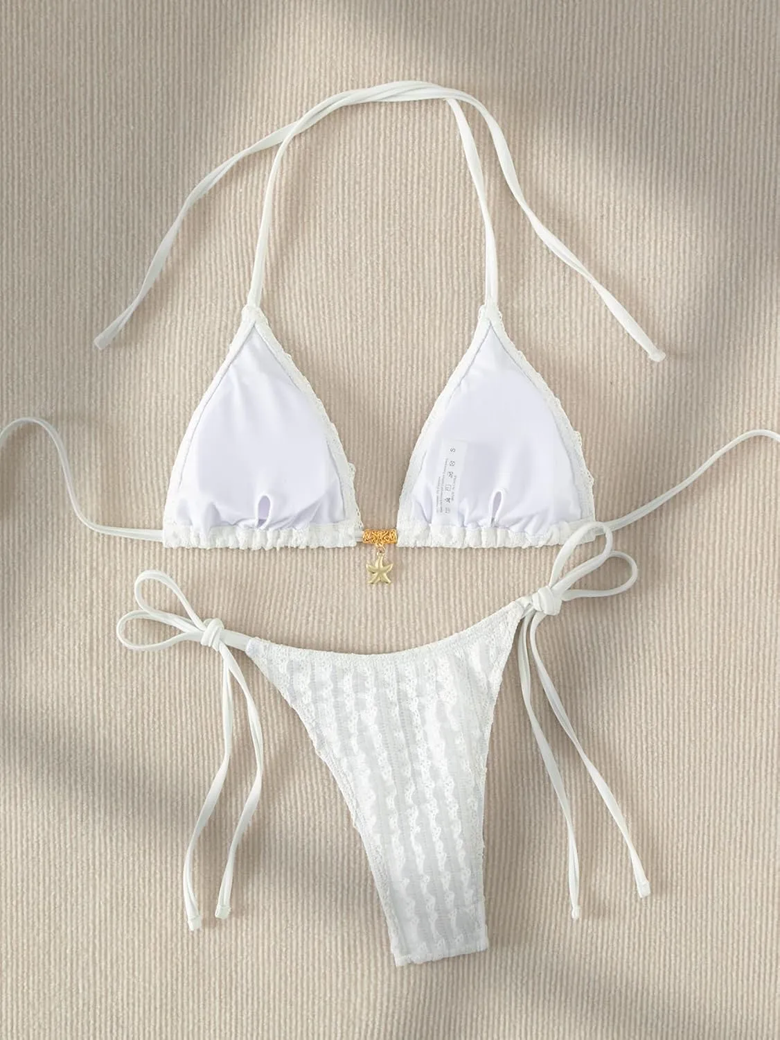 GORGLITTER Women's High Cut Thong Bikini Set Textured Halter Triangle String Cute Cheeky 2025 Swimsuit Bathing Suit