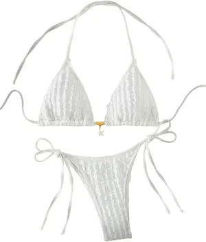 GORGLITTER Women's High Cut Thong Bikini Set Textured Halter Triangle String Cute Cheeky 2025 Swimsuit Bathing Suit