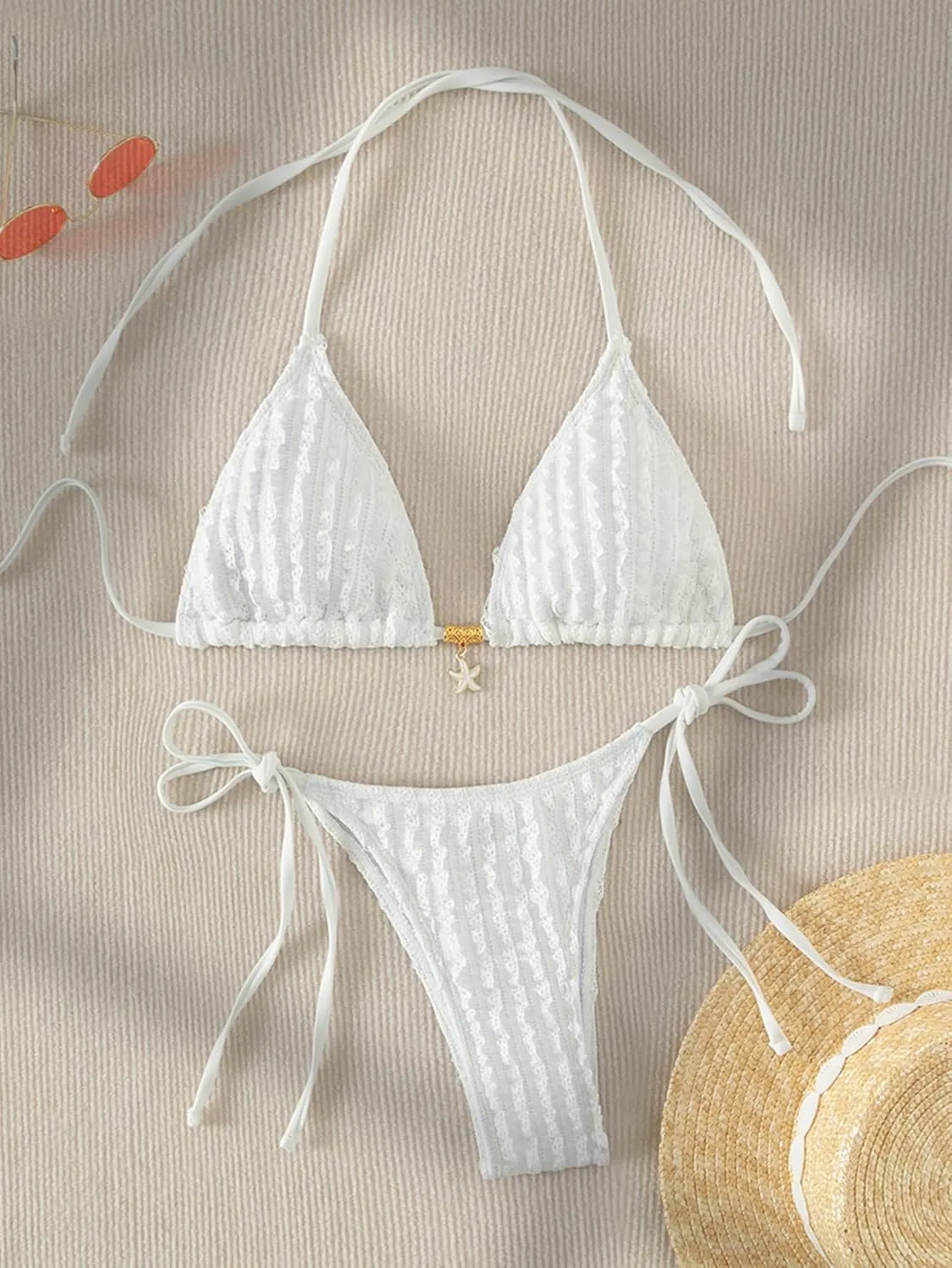 GORGLITTER Women's High Cut Thong Bikini Set Textured Halter Triangle String Cute Cheeky 2025 Swimsuit Bathing Suit