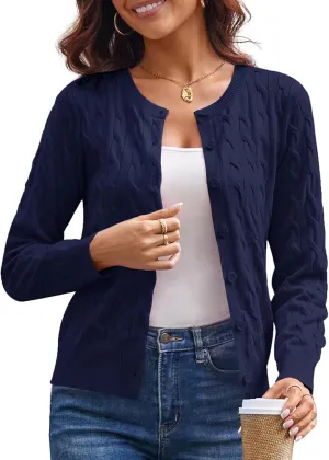 GRACE KARIN Women's Long Sleeve Button Up Cable Knit Cardigan Lightweight 2025 Crewneck Button Down Sweaters for Women