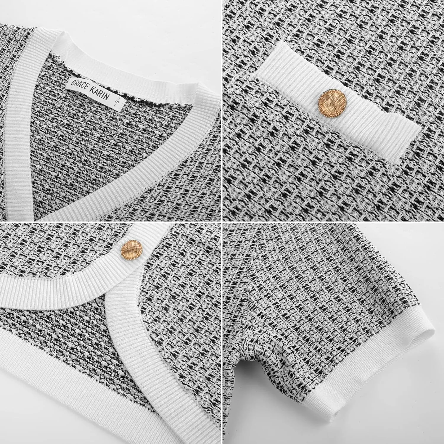 GRACE KARIN Womens Summer Cardigan Sweater 2025 Button Down Short Sleeve Cropped Lightweight V Neck Elegant Tweed Tops
