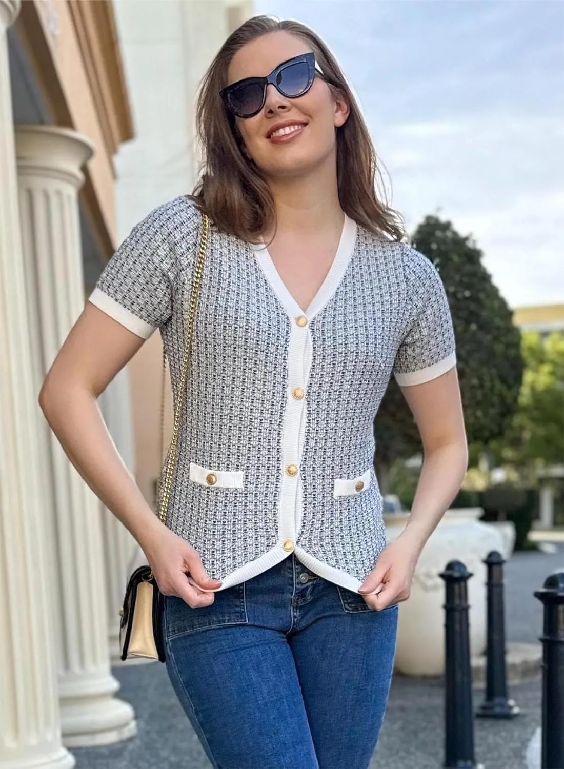 GRACE KARIN Womens Summer Cardigan Sweater 2025 Button Down Short Sleeve Cropped Lightweight V Neck Elegant Tweed Tops
