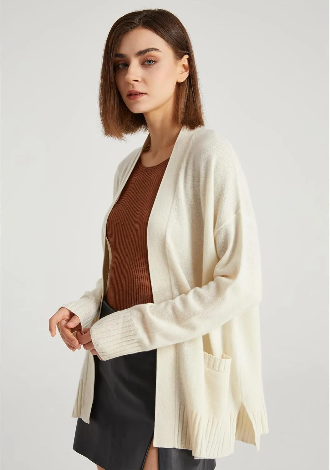 GreenMount Women's 100% Pure Cashmere Cardigan Sweater Soft and Warm Long Sleeve Oversize Loose Cardigan with Pocket