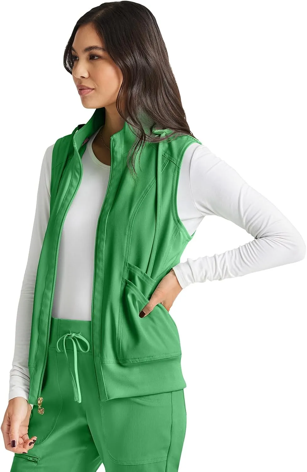 HeartSoul Zip Front Scrub Vest with Detachable Hood, Stretch Fabric HS500