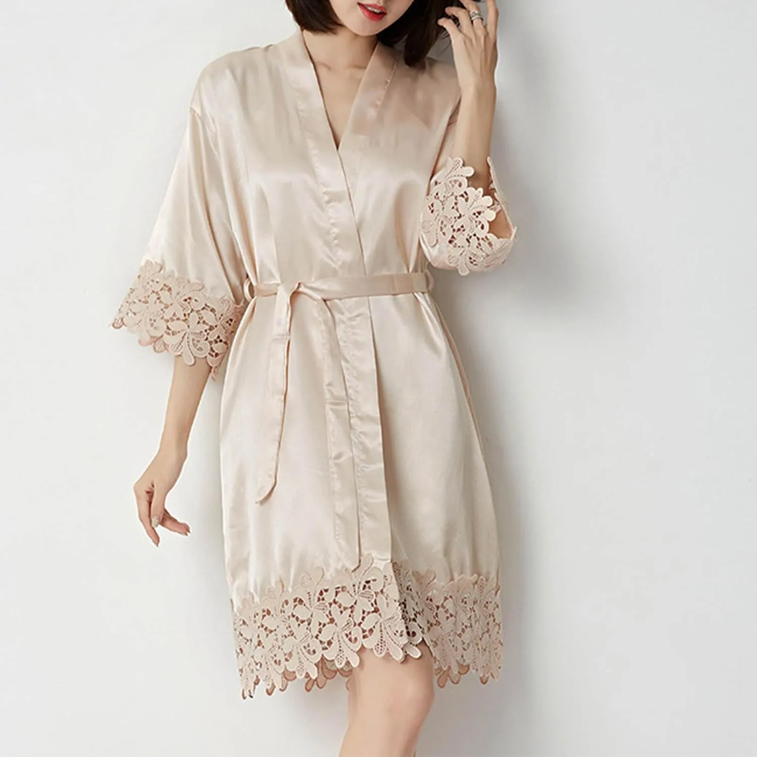 HGps8w Crochet Lace Satin Robes for Women 3/4 Sleeve Belted Kimono Bathrobe Nightgown Silky Sleepwear Wedding Dressing Gown