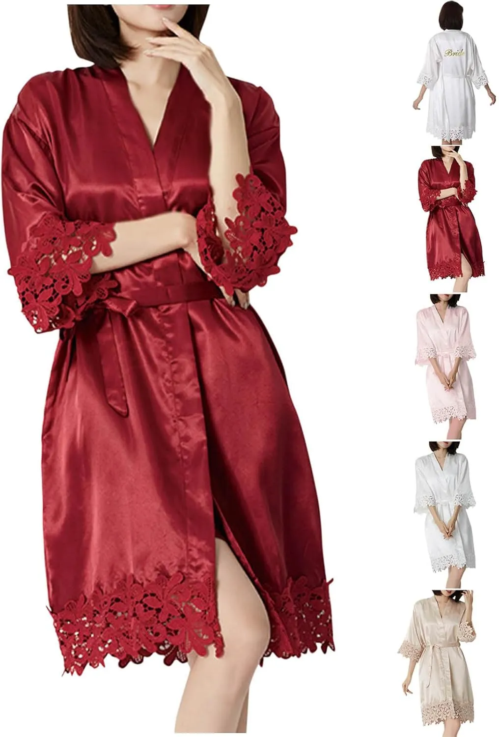 HGps8w Crochet Lace Satin Robes for Women 3/4 Sleeve Belted Kimono Bathrobe Nightgown Silky Sleepwear Wedding Dressing Gown