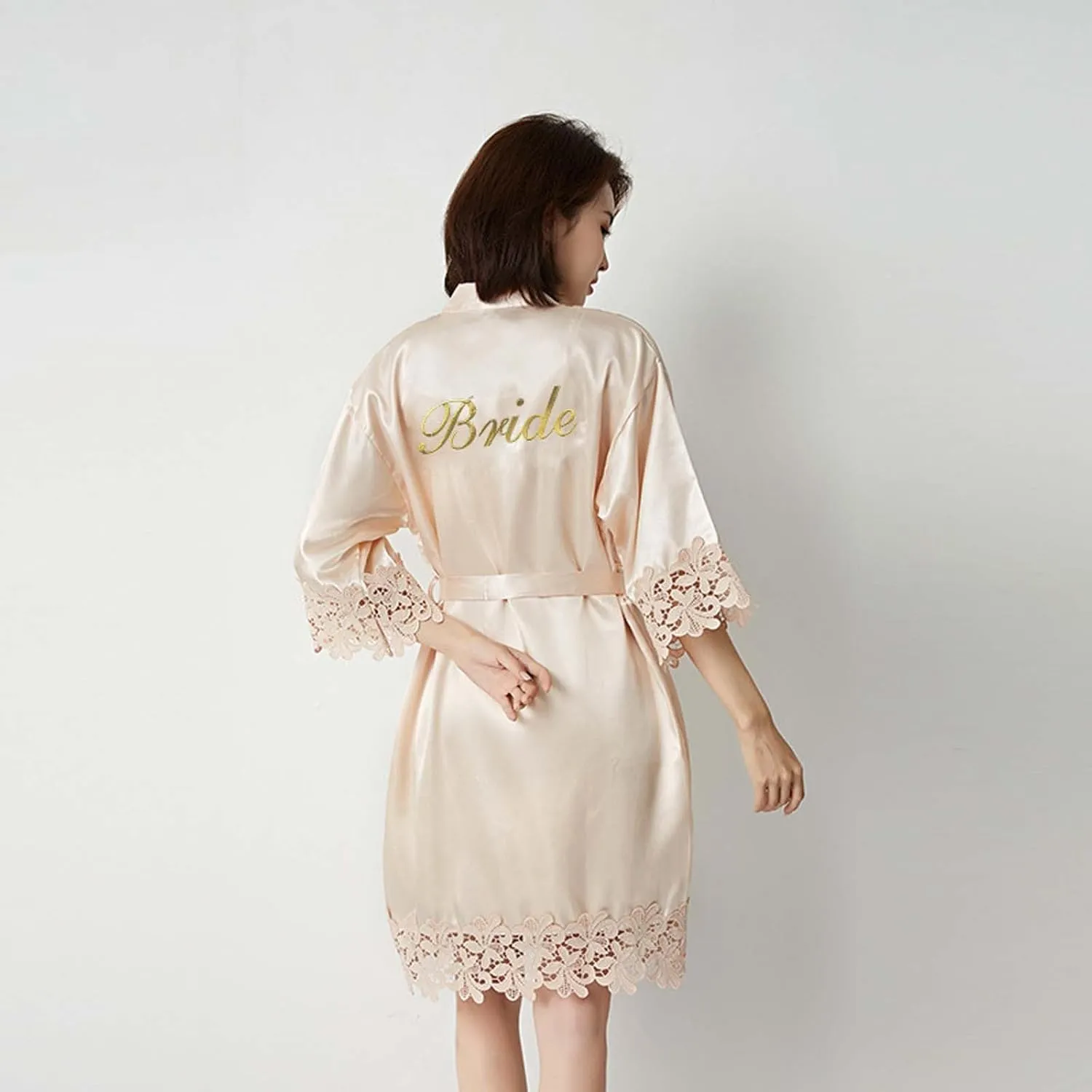 HGps8w Crochet Lace Satin Robes for Women 3/4 Sleeve Belted Kimono Bathrobe Nightgown Silky Sleepwear Wedding Dressing Gown