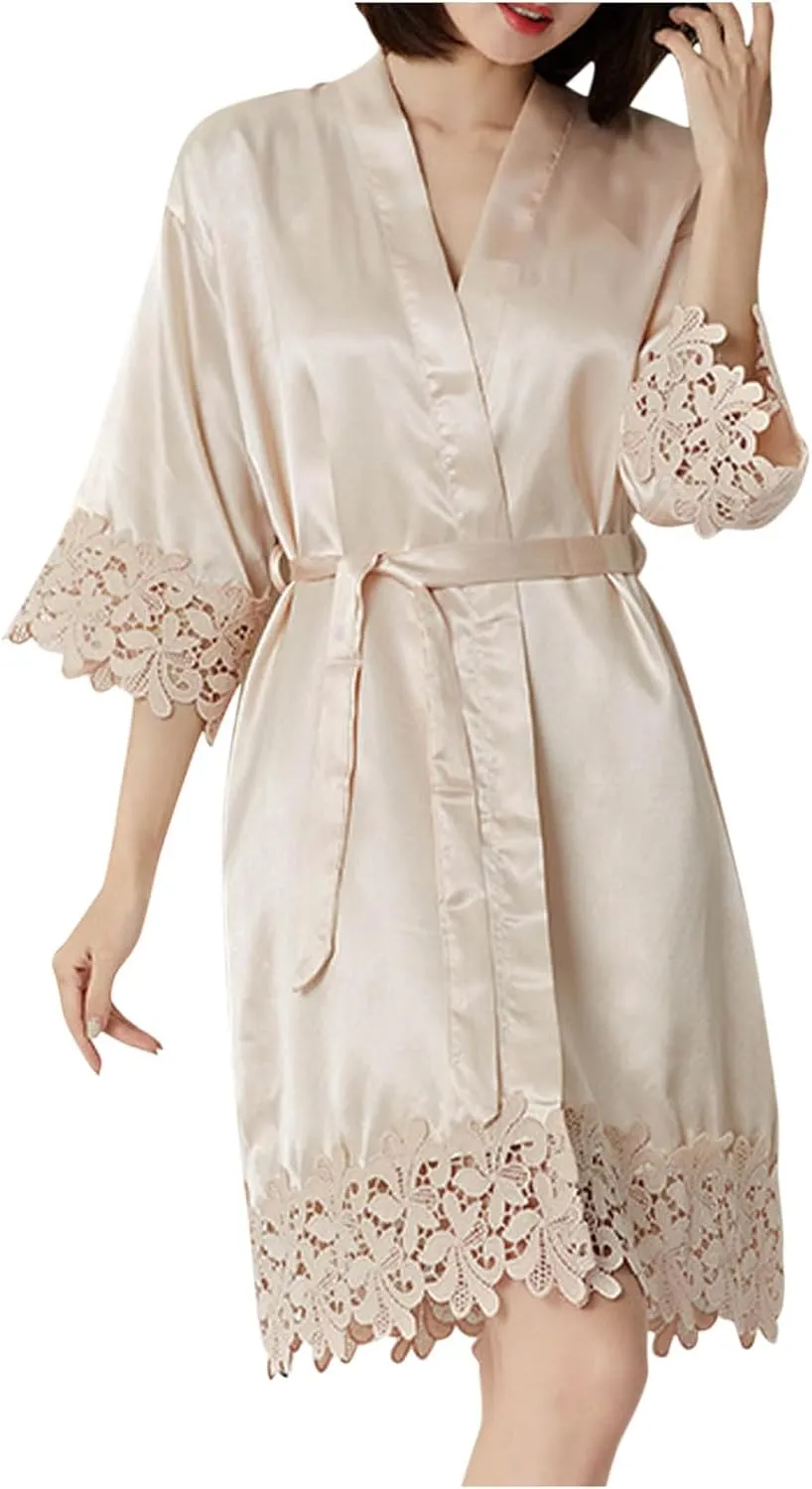 HGps8w Crochet Lace Satin Robes for Women 3/4 Sleeve Belted Kimono Bathrobe Nightgown Silky Sleepwear Wedding Dressing Gown